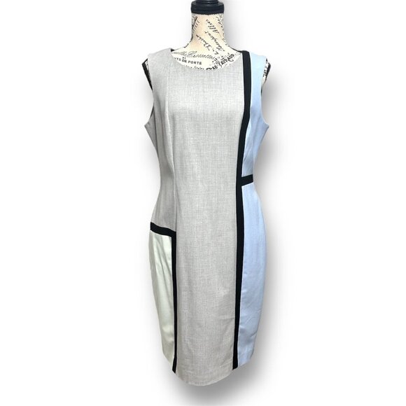 Calvin Klein 10 Gray Blue Sheath Midi Dress Office Career Retro Mod Colorblock - Picture 2 of 10